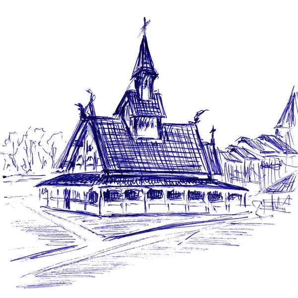 Weg Zur Kirche Handgezeichnete Skizze Mit Kugelschreiber Auf Papierstruktur Isoliert — Stockfoto