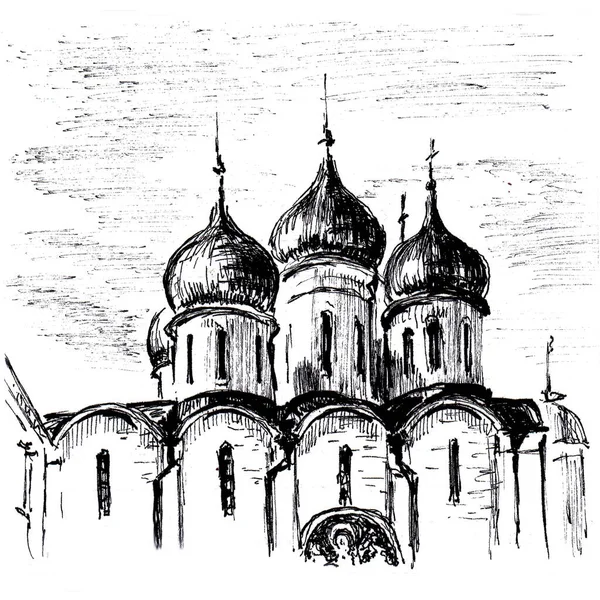 Ortodoks Kilise Kubbeleri Kağıt Dokusunda Siyah Tükenmez Kalemle Çizimi Beyazda — Stok fotoğraf