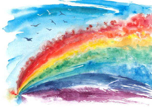 Abstract rainbow in blue sky and birds. Hand drawn watercolor on paper texture. Bitmap image