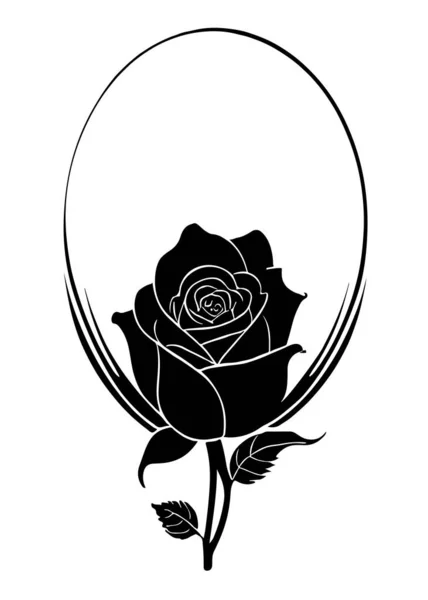 椭圆形框架中的玫瑰被塑造成一种标志 也适合纹身 可编辑的矢量单色图像 高细节分离的白色背景 — 图库矢量图片
