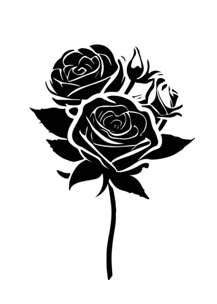 3つの花と芽を持つバラの枝 タトゥーにもいい 白地に高いディテールが分離された編集可能なベクターモノクロ画像 — ストックベクタ