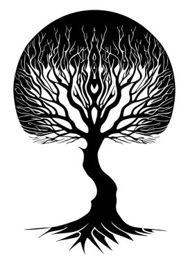 Kökleri ve yuvarlak tacı olan stilize bir ağaç. Dövme için de iyi. Beyaz arkaplanda izole edilmiş yüksek detayları olan düzenlenebilir tek renkli vektör resmi