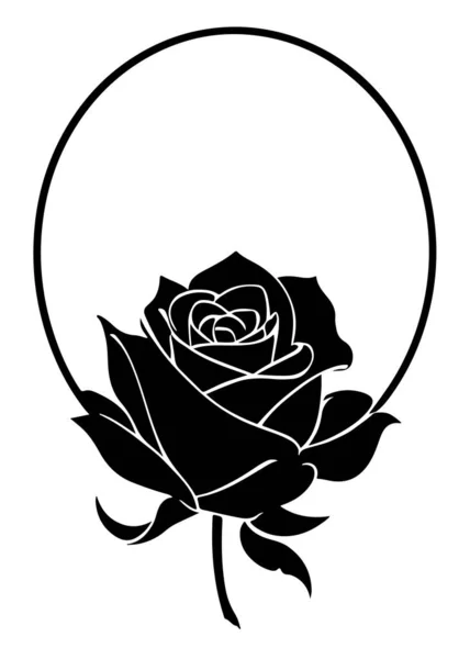 椭圆形框架中的玫瑰被塑造成一种标志 也适合纹身 可编辑的矢量单色图像 高细节分离的白色背景 — 图库矢量图片