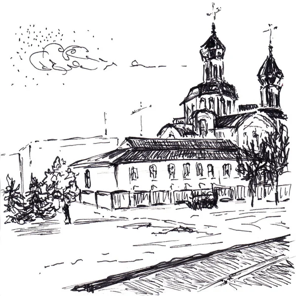 Landschaft Mit Orthodoxer Kirche Handgezeichnete Skizze Mit Schwarzem Kugelschreiber Auf — Stockfoto