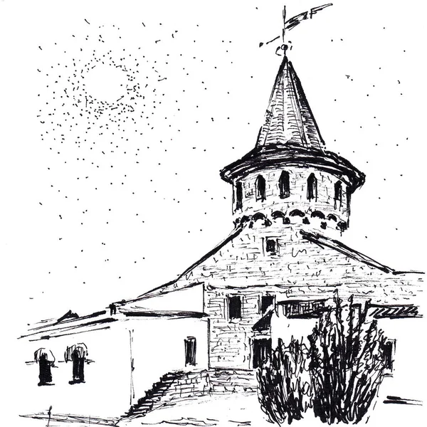 Vane Kale Binası Kağıt Dokusunda Siyah Tükenmez Kalemle Çizimi Beyazda — Stok fotoğraf