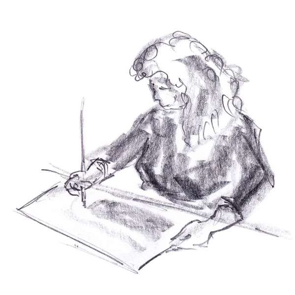 抽象的な若い女性のテーブルの上に風景の座席を描画します 紙の質感に手描きの鉛筆スケッチ 白に隔離されてる ビットマップ画像 — ストック写真