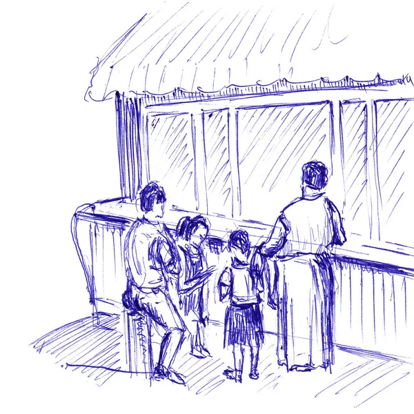 両親と2人の子供の家族がキオスクでカウンターで御馳走を購入します 紙の質感にボールペンで手描きスケッチ 白に隔離されてる ビットマップ画像 — ストック写真
