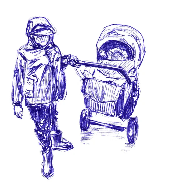 Najstarsze Dziecko Rodzinie Chodzi Najmłodsze Wózku Dziecięcym Ręcznie Rysowany Szkic — Zdjęcie stockowe