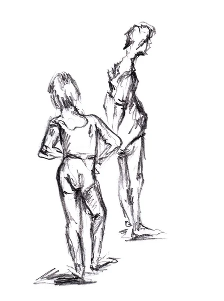 两个数字 女孩和女人 手绘铅笔草图在纸纹理上 被白色隔离了位图图像 — 图库照片