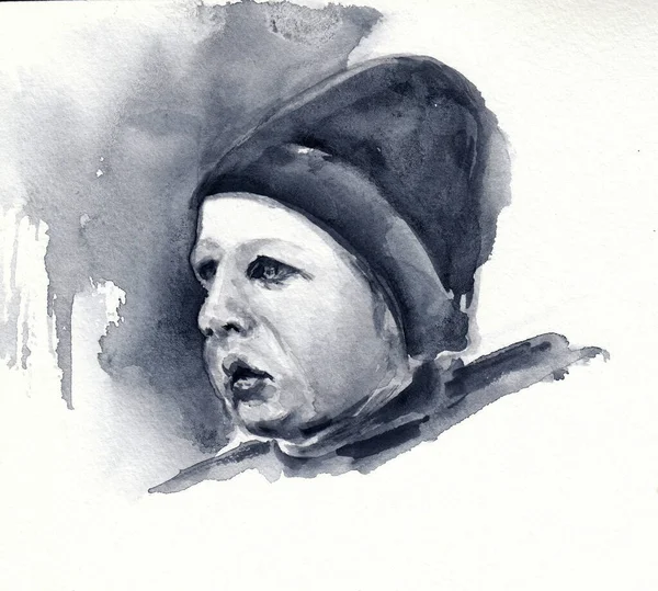 Abstrakt Barn Hatt Porträtt Närbild Handritad Akvarell Skiss Papper Struktur — Stockfoto