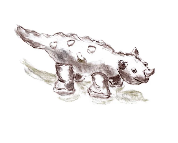 要旨面白い幻想的な動物の恐竜のクローズアップのように見える 紙の質感にパステル鉛筆で手描きスケッチ 白に隔離されてる ビットマップ画像 — ストック写真
