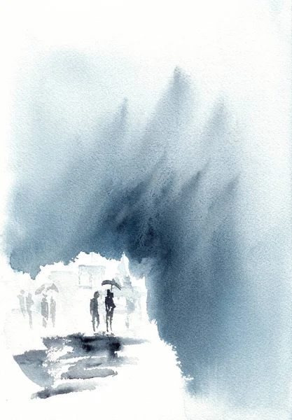 风格各异的人影在雨的前景下 手绘水彩画在纸质感上 位图图像 — 图库照片