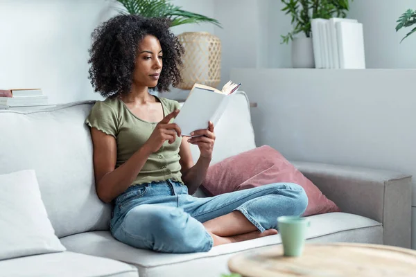 Tiro Mulher Muito Jovem Lendo Livro Enquanto Sentado Sofá Casa — Fotografia de Stock