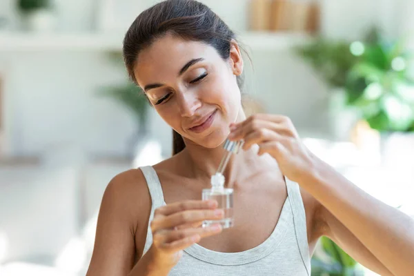 Shot Cheerful Woman Girl Holding Bottle Essential Oil While Testing — Stock Photo, Image