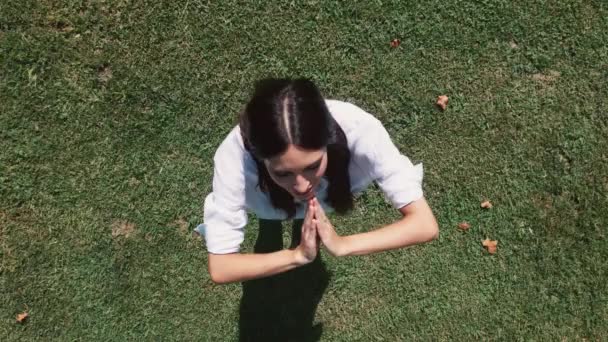 Відео Красивої Молодої Жінки Робить Йогу Медитацію Парку — стокове відео