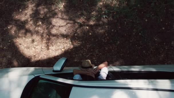 風景を見ながら車を運転の休憩を取る美しい若い女性のビデオ — ストック動画