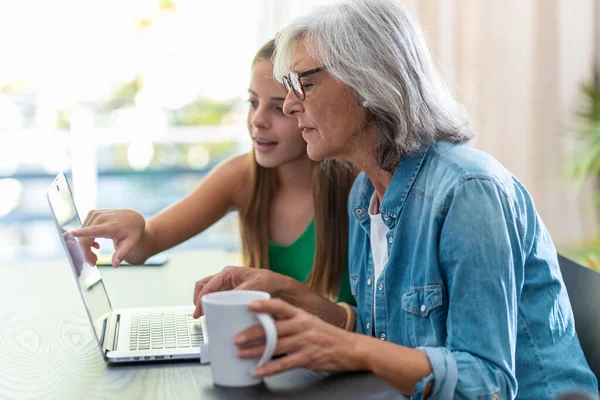 幸せな祖母のショッピングオンラインとともにクレジットカード使用ラップトップとともに彼女の孫娘とともに自宅 — ストック写真