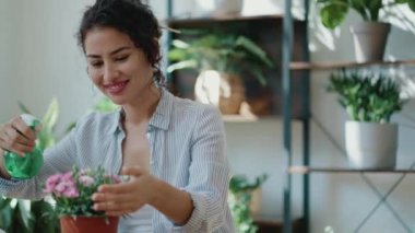 Bir serada çiçek ve çiçek düzenleyen güzel bir kadının videosu.