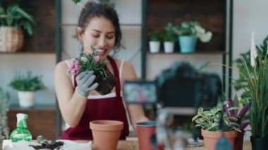 Video of influencer woman arranging plants and flowers while recording a tutorial video with smartphone in a greenhouse