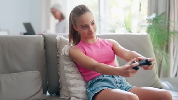 Video Cute Granddaughter Playing Video Games Concentrating Sofa Home — 图库视频影像