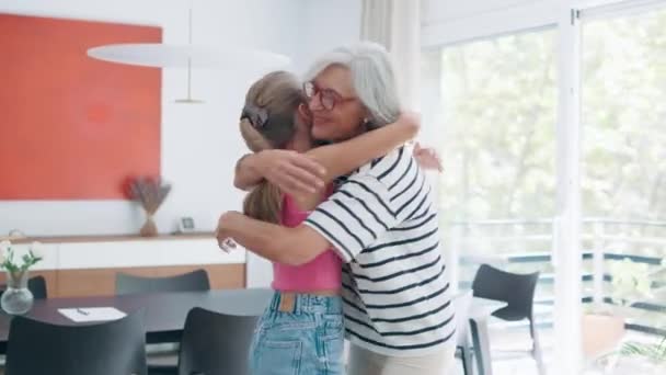 Video Kind Grandmother Hugging Her Granddaughter Living Room Home — ストック動画