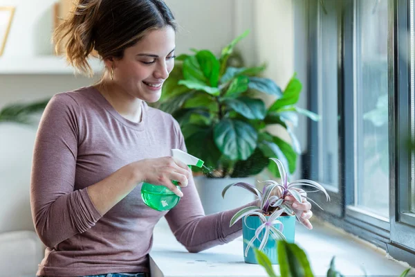 自宅で植物や花を配置する美しい笑顔の女性のショット — ストック写真