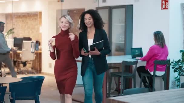 两个聪明而优雅的女商人边聊天边在现代化的办公室里散步的视频 — 图库视频影像