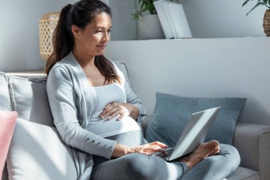 Evdeki oturma odasındaki kanepede dizüstü bilgisayarla çalışan güzel hamile bir kadının fotoğrafı..