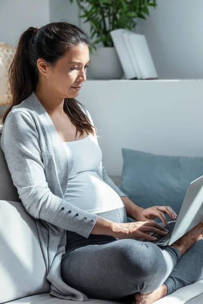 Skott Vacker Gravid Kvinna Som Arbetar Med Laptop Sitter Soffan — Stockfoto