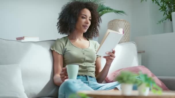 Evdeki Kanepede Oturup Bir Fincan Kahve Içerken Kitap Okuyan Güzel — Stok video