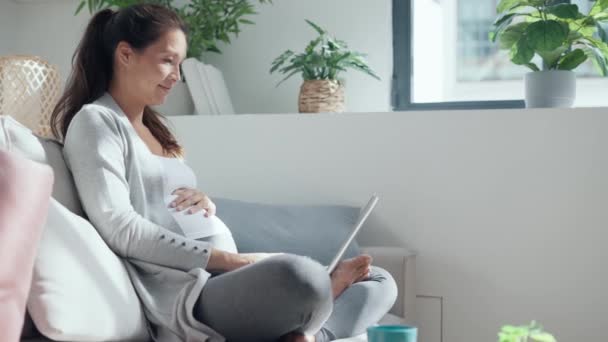 在家里客厅的沙发上 一个漂亮的孕妇拿着笔记本电脑工作的视频 — 图库视频影像
