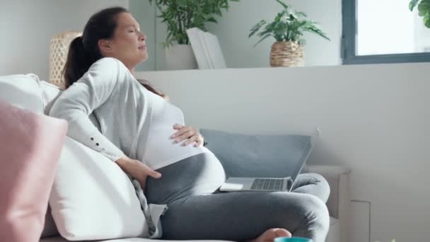 心配している妊婦のビデオありますの胃の痛み作業とともにラップトップで座っていますソファの上に自宅のリビングルーム — ストック動画