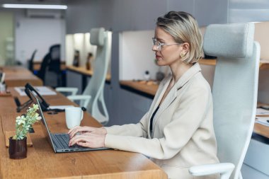 Modern bir ofiste dizüstü bilgisayarla çalışan olgun mimar bir kadının fotoğrafı..