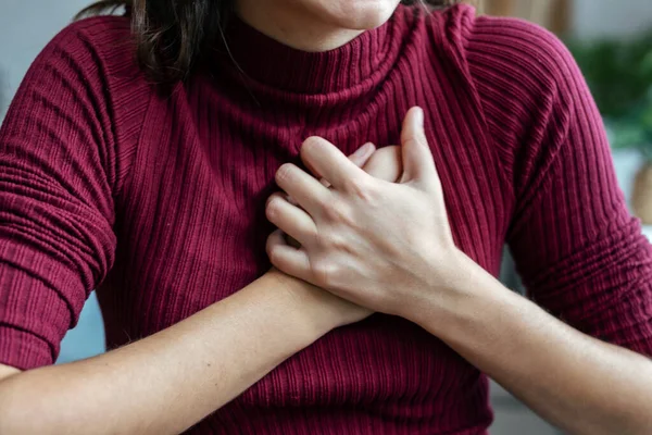 Closeup Woman Chest Anxiety Distress Putting Hands Heart Calm Home — Stock Photo, Image