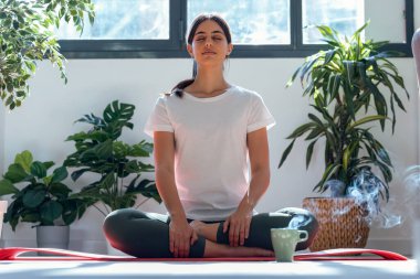Evde yoga egzersizi yapan sportif bir kadın.