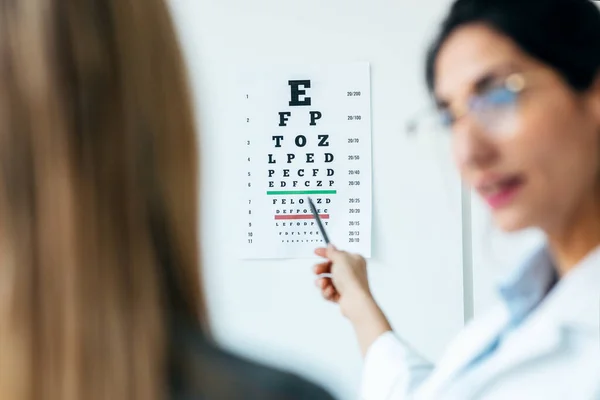 Shot Beautiful Female Optician Doing Eye Test Eye Chart Her — Stock Photo, Image