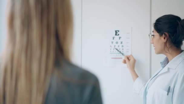 Vídeo Belo Óptico Feminino Fazendo Teste Olho Com Gráfico Olho — Vídeo de Stock