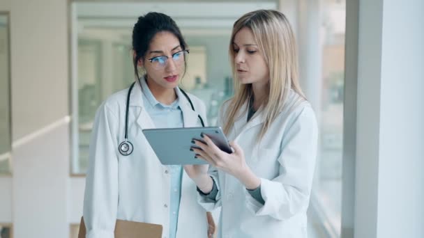 病院のデジタルタブレットで結果をコンサルティングしながら話している2人の魅力的な女性医師のビデオ — ストック動画