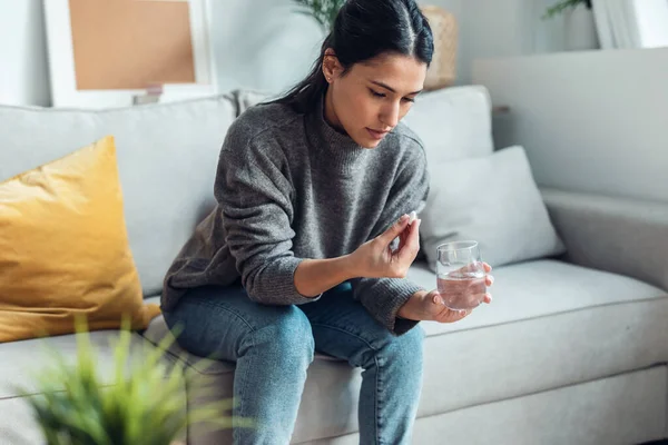 Shot Depressed Sad Woman Taking Pills While Sitting Couch Home — Stock Photo, Image