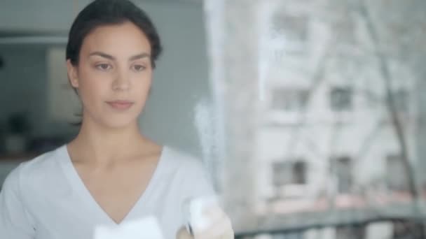 Vídeo Bela Jovem Mulher Limpando Espelho Com Pano Rosa Spray — Vídeo de Stock