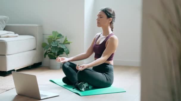 Spor Yapan Genç Bir Kadının Yoga Egzersizleri Yaptığı Video Evde — Stok video