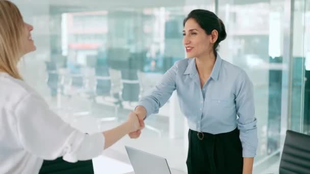 两个优雅的女商人搭档握手过程的视频 重大会议后成功的交易概念 — 图库视频影像