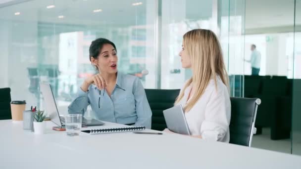 Video Two Elegant Businesswomen Talking While Working Together Modern Startup — Stock Video