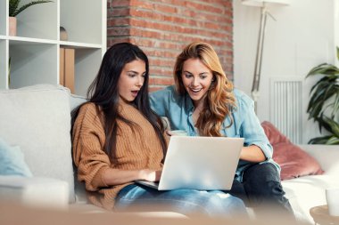 Evdeki kanepede dizüstü bilgisayarla video görüşmesi yapan iki güzel kadının fotoğrafı..