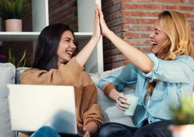 Evdeki kanepede oturup dizüstü bilgisayarla bir gezi satın almalarını kutlayan iki mutlu genç kız arkadaş fotoğrafı..