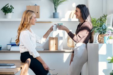 Evde bir fincan kahve içerken iş molası veren genç ve güzel iş kadınlarının fotoğrafı..