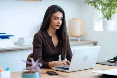 Modern bir ofiste dizüstü bilgisayarıyla çalışan zarif genç bir iş kadınının fotoğrafı..