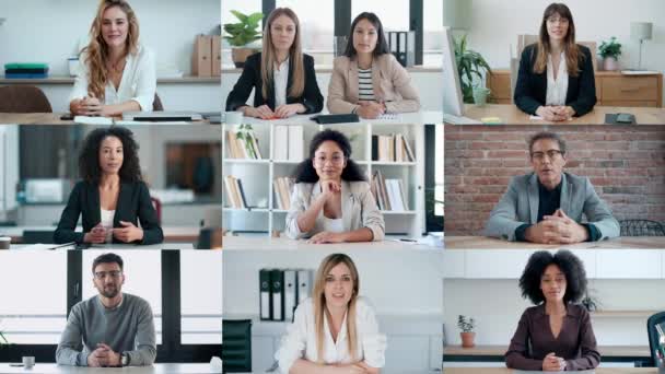 Video Konferansında Konuşurken Görüntülü Konuşma Yapan Çeşitli Çalışanların Ekran Uygulaması — Stok video