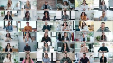 Video konferansında konuşurken görüntülü konuşma yapan çeşitli çalışanların ekran uygulaması görüntüsü. 