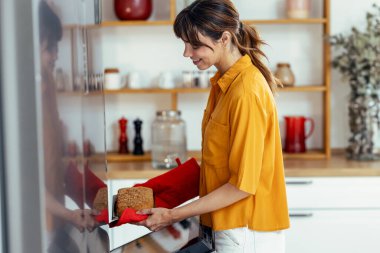 Güzel genç beslenme uzmanının evdeki mutfakta fırında sağlıklı havuçlu kek pişirmesi.